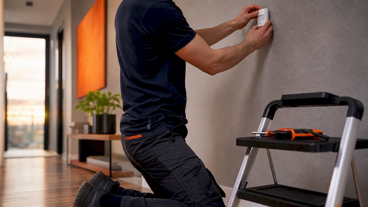 Technician installing occupancy sensor in rental property