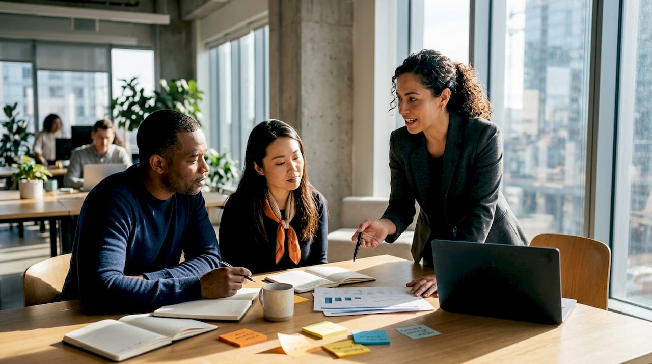 Hands adjusting pricing strategy materials
