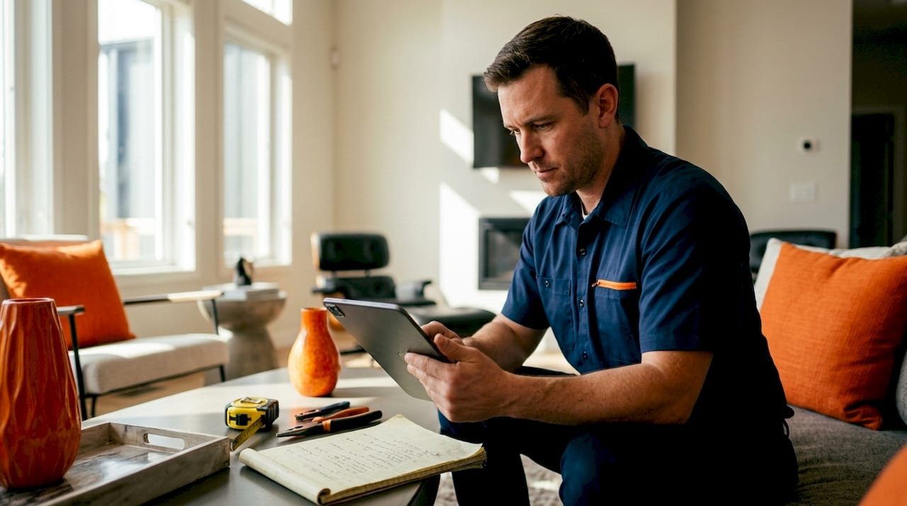 Technician reviewing emergency maintenance on tablet