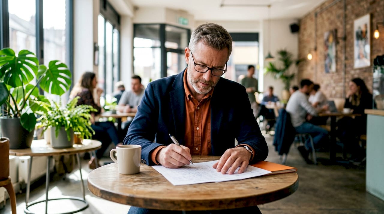 Property manager reviewing booking documents at desk