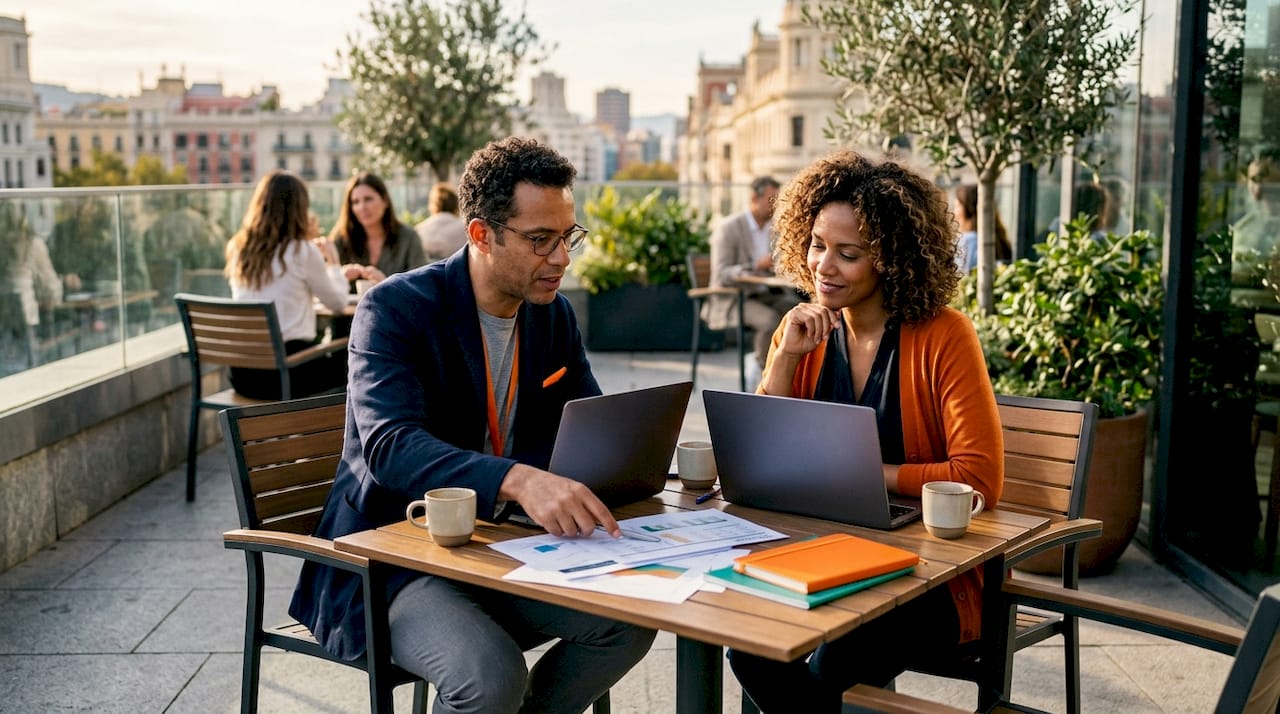 Two professionals discussing market expansion data