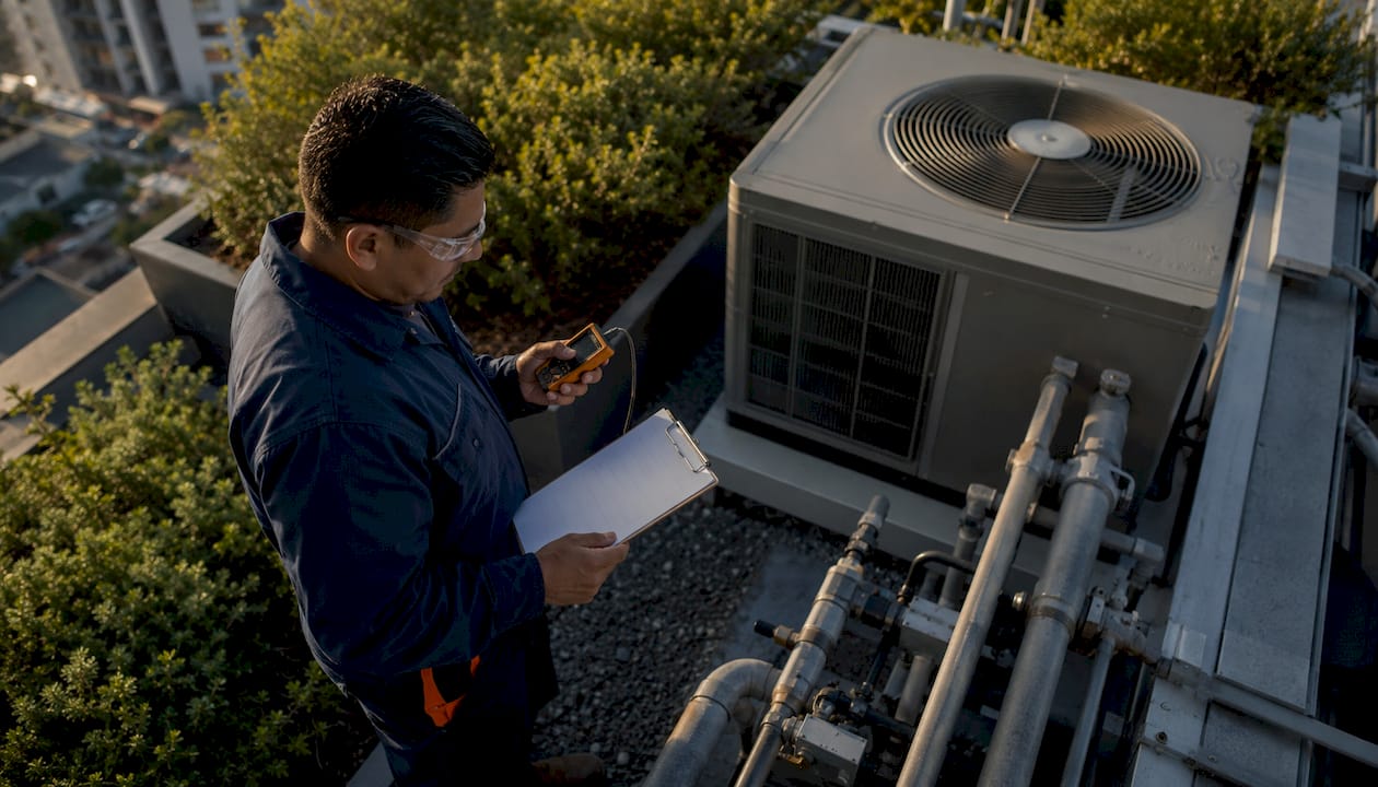 Technician inspecting HVAC with device