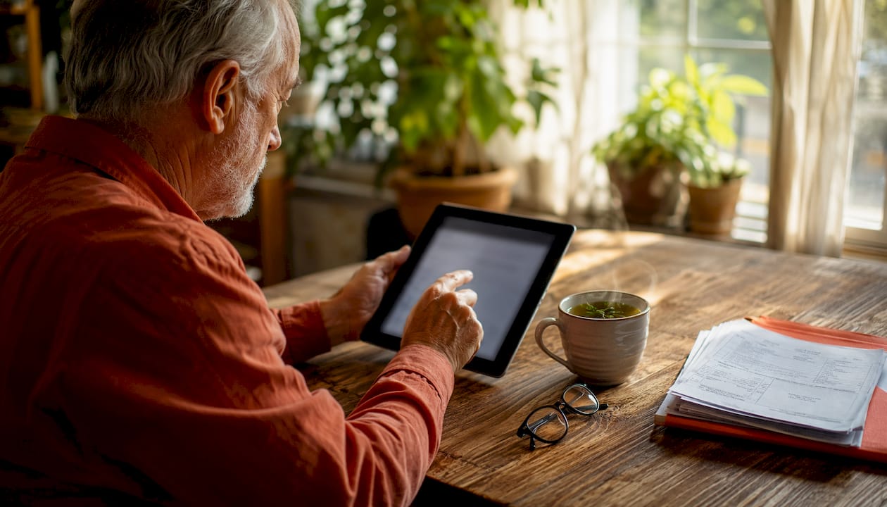 Elderly man interacting with tablet at home table