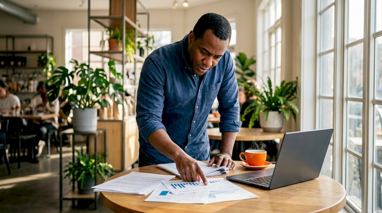 Property manager analyzing rental data
