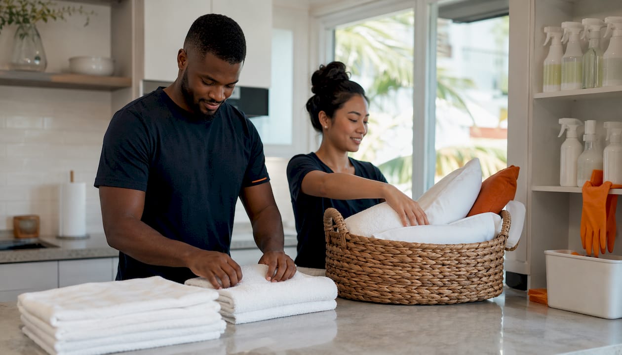 Two cleaners arranging linens on vacation rental bed