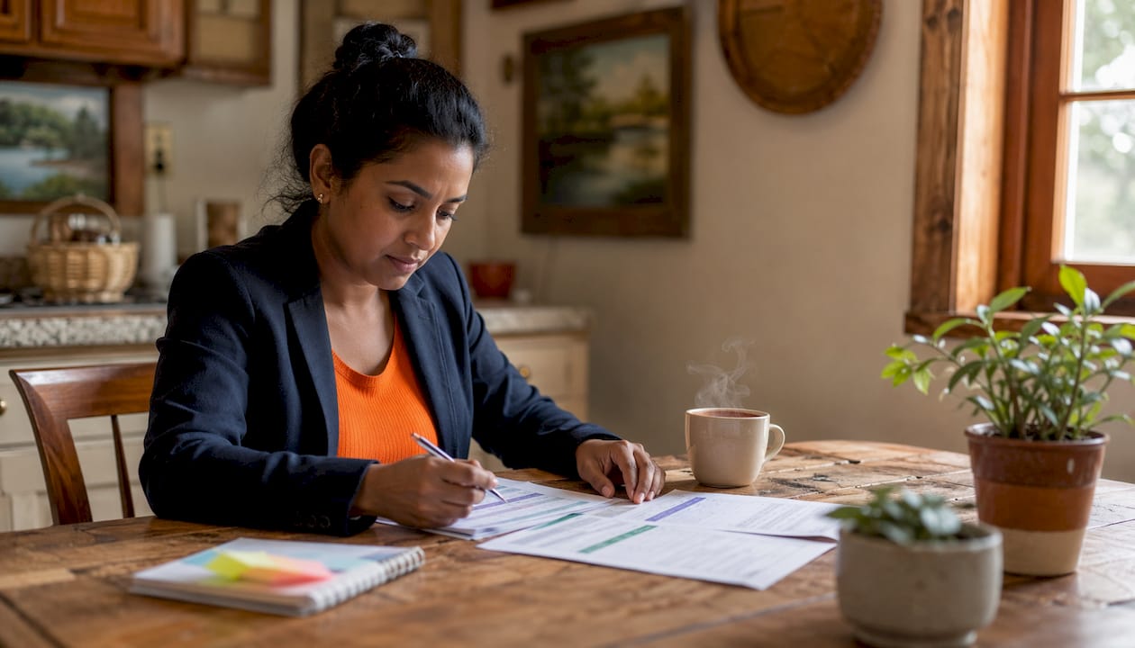 Manager reviewing cleaning schedules in vacation rental kitchen
