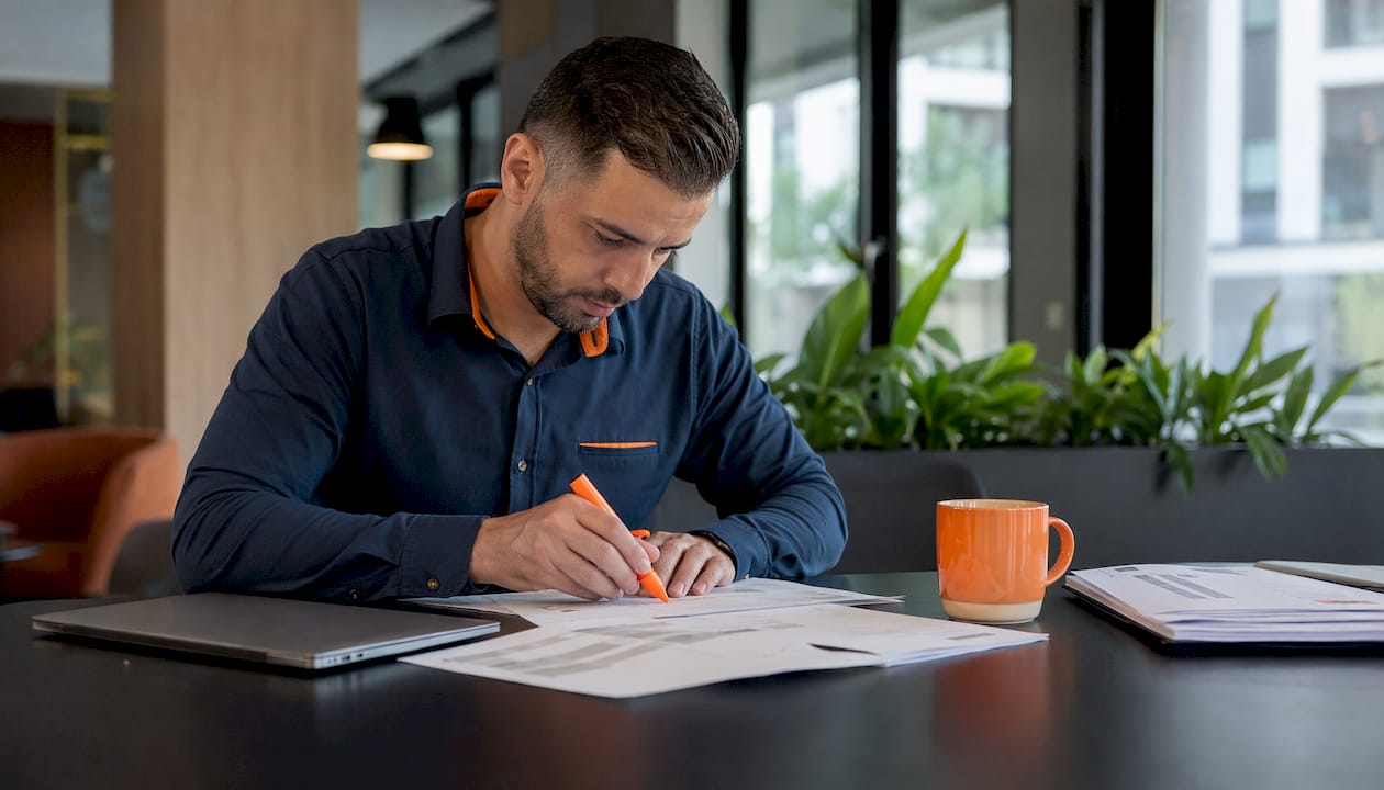 Hands organizing owner reporting checklist papers on desk