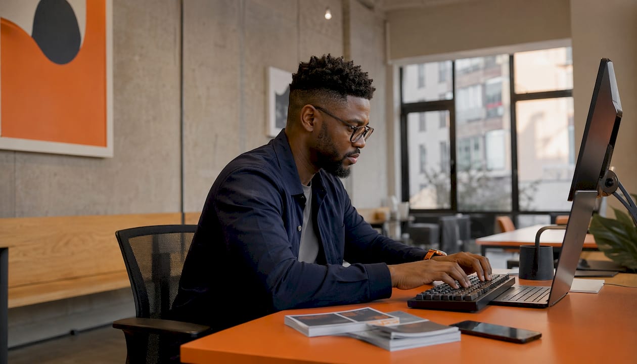 Hands typing with API reference cards on desk