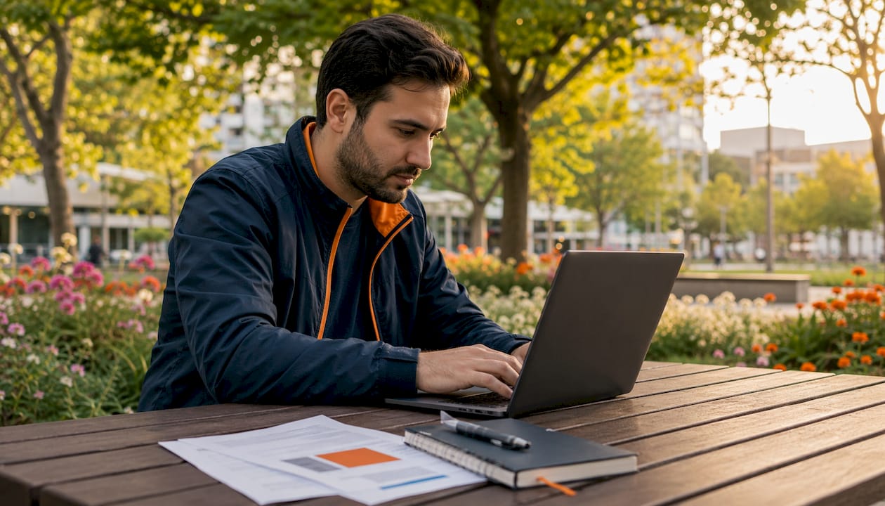 Hands typing guest messages on laptop keyboard at home office
