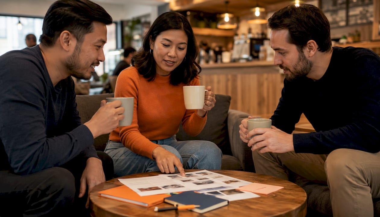 Team discussing guest communication strategy in co-working space