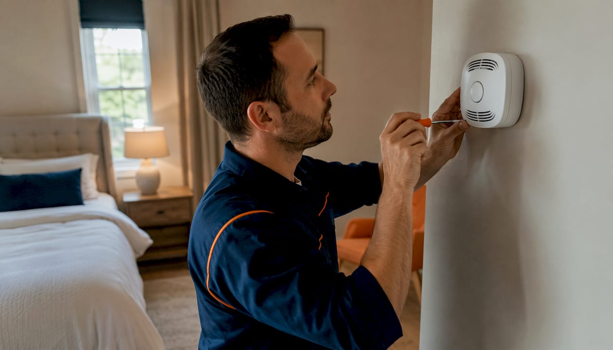 Technician testing smoke detector in rental property