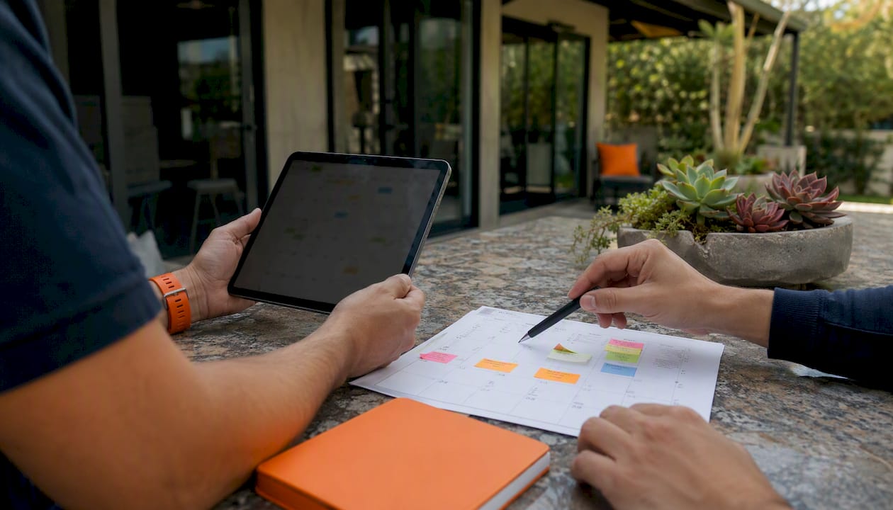 Hands coordinating sync of rental booking calendars