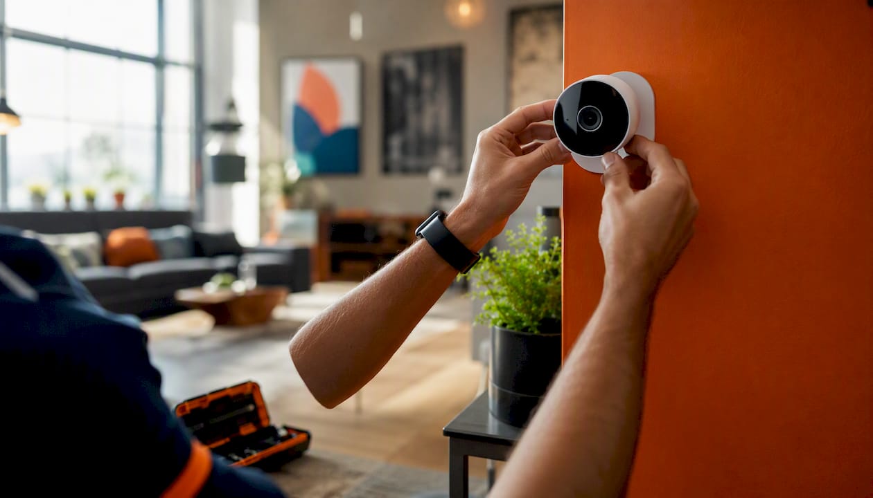 Hands adjusting house security camera indoors