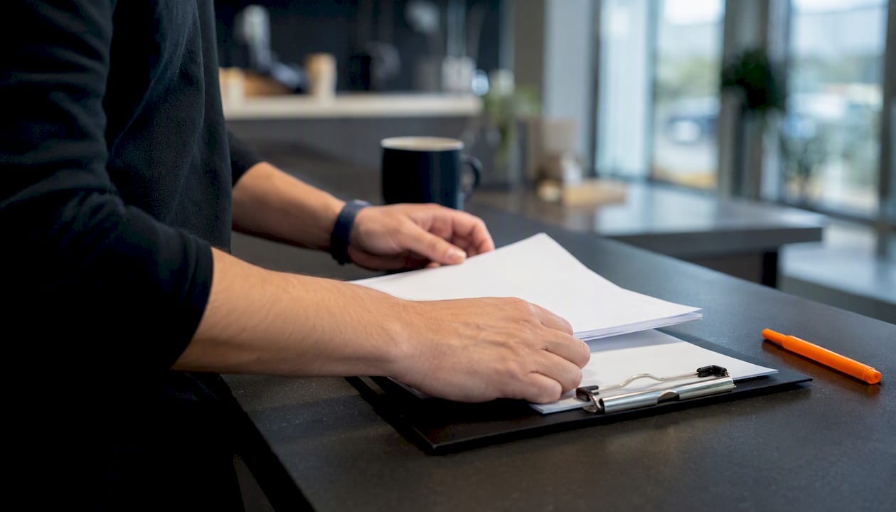 Hands sorting blank audit sheets and clipboard