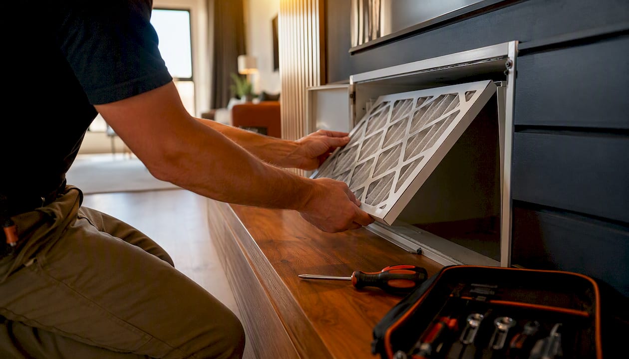 Hands replacing HVAC air filter in rental unit