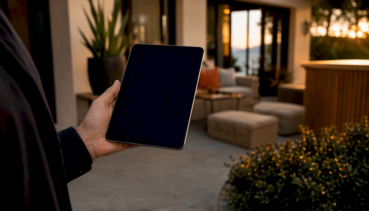 Hand holding tablet at vacation rental check-in