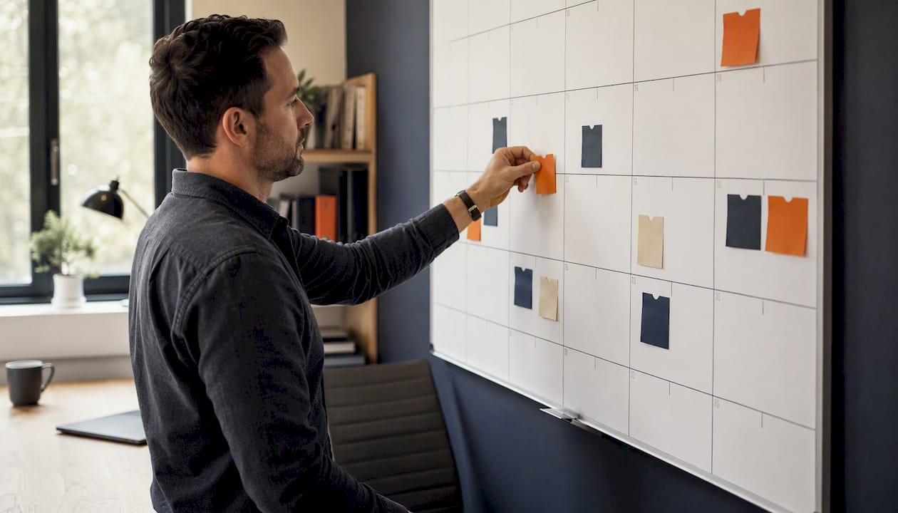 Hand placing season labels on calendar