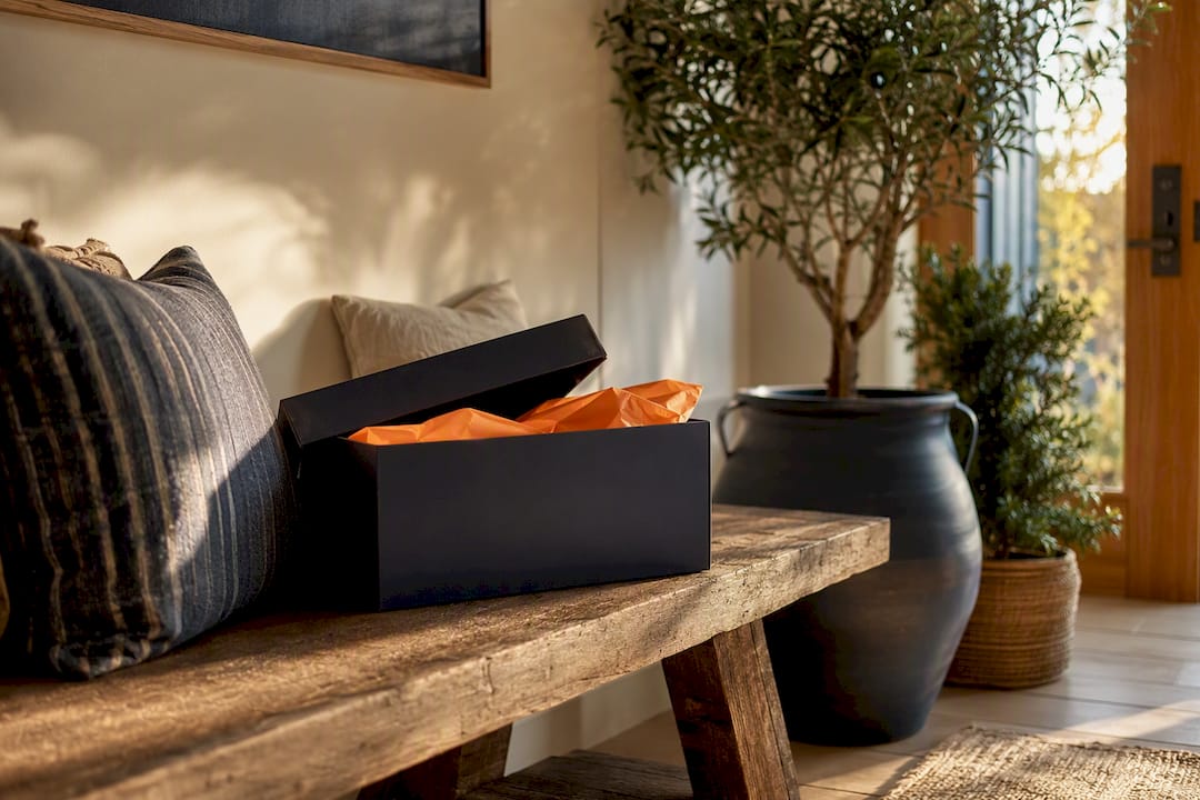 Vacation rental entryway welcome box with orange tissue