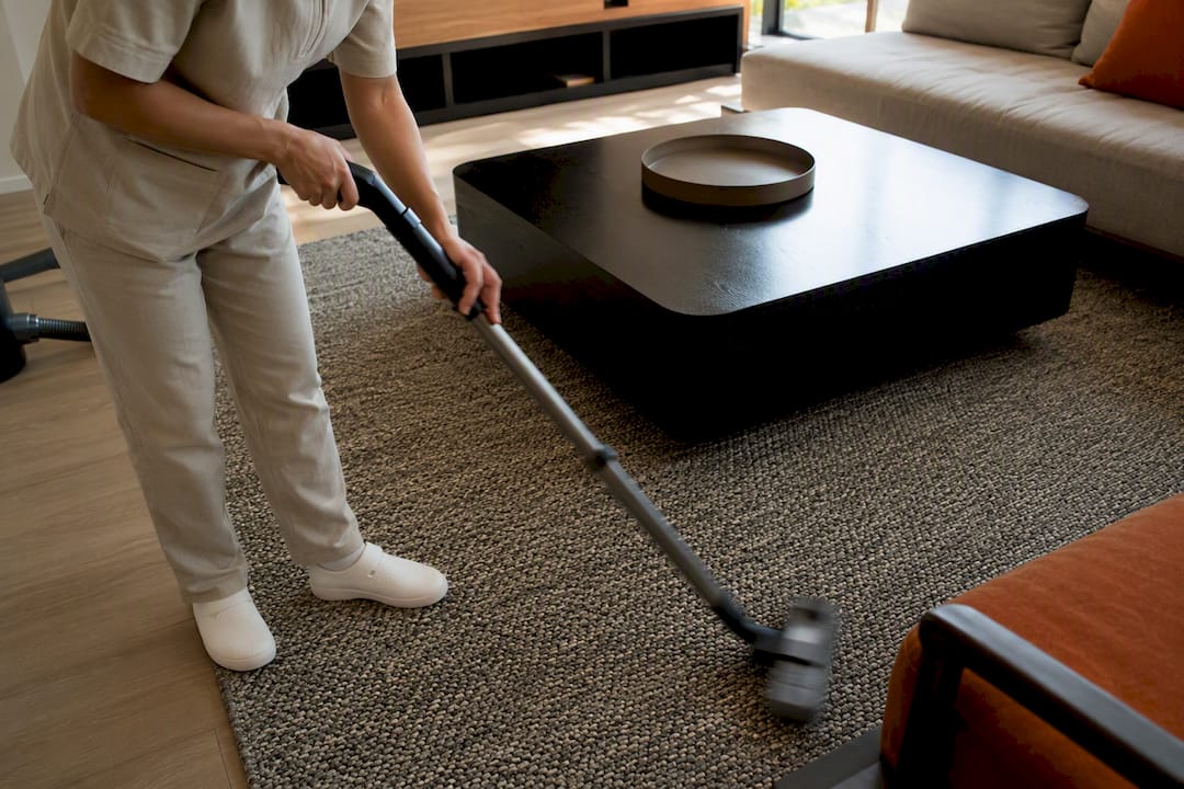 Cleaner vacuuming rental living room rug