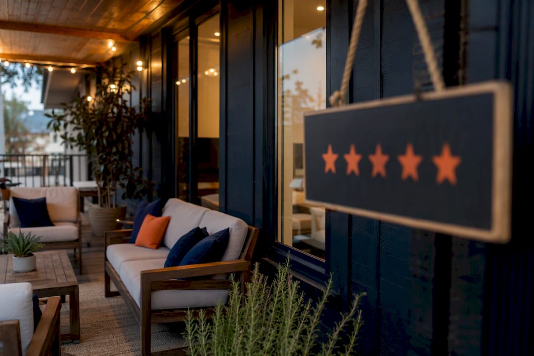 Vacation rental exterior with star rating plaque