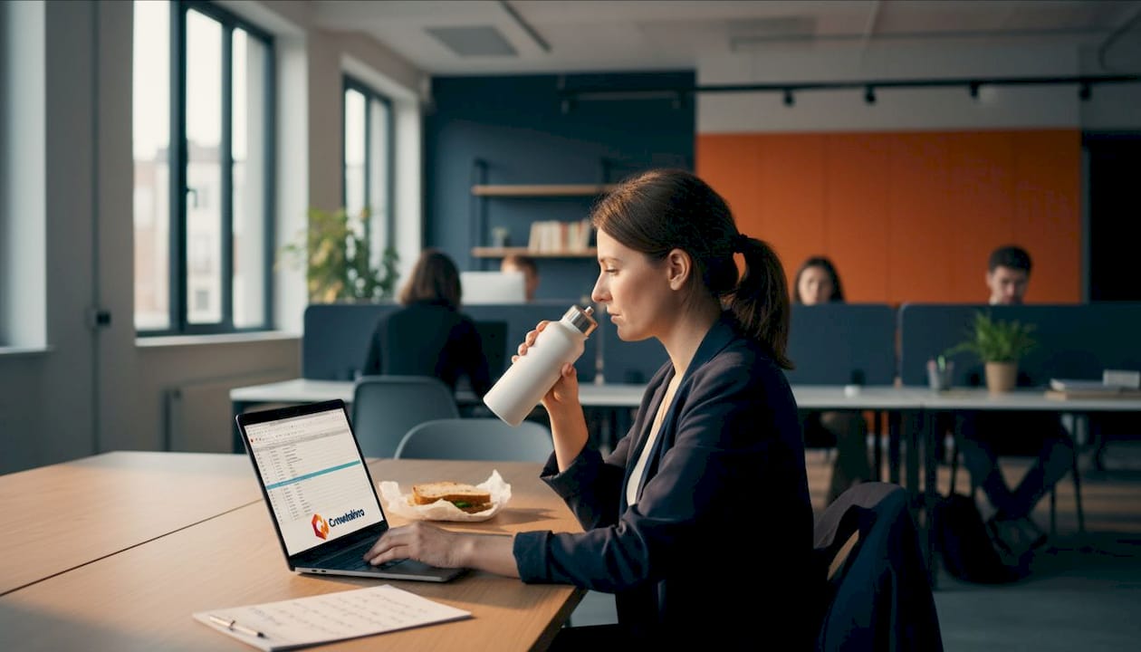 Eine Investorin arbeitet konzentriert an ihrem Laptop in einem modernen, offenen Büro.