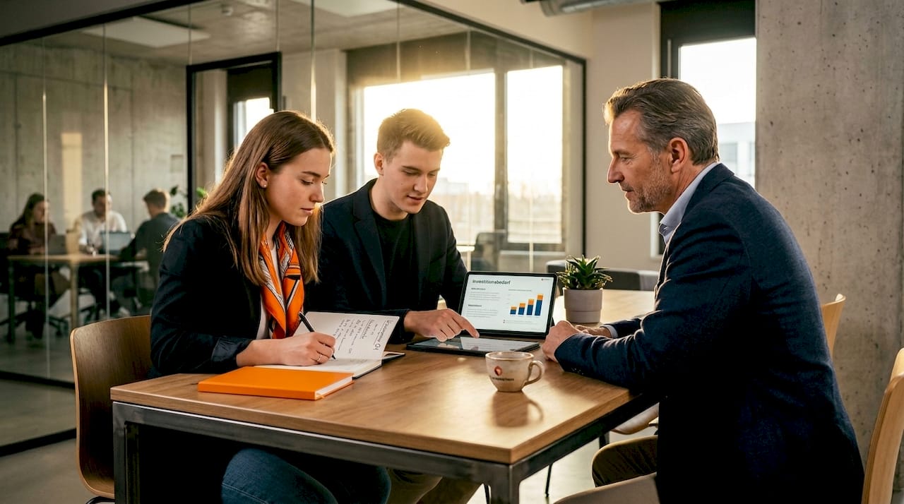 Unternehmer tauschen sich mit einem Investor über verschiedene Möglichkeiten der Finanzierung aus.