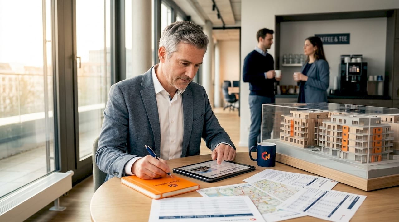 Ein Mann prüft Unterlagen zu seiner Immobilieninvestition in seinem Büro.