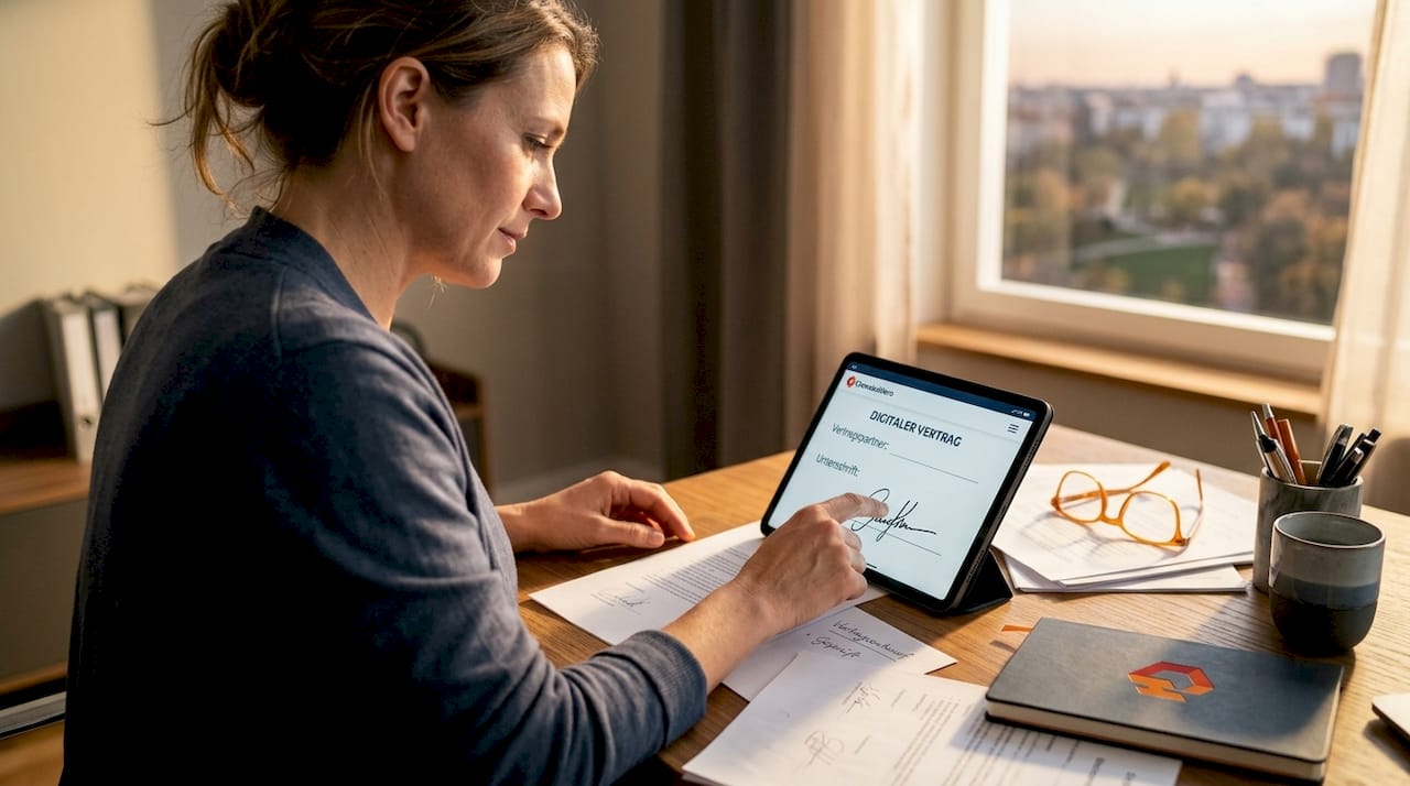Am Schreibtisch arbeitet eine Frau mit einer digitalen Lösung zur Dokumentenverwaltung.