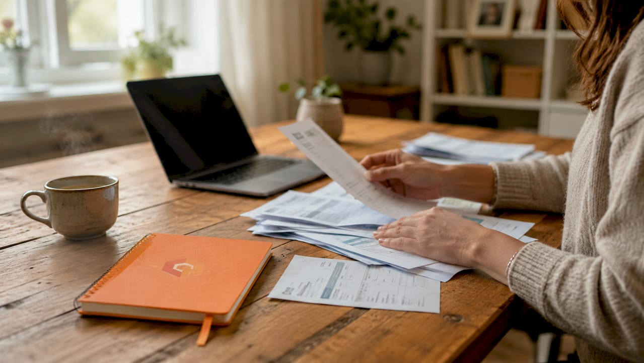 Mehrere Hände ordnen am Tisch Unterlagen rund um Immobilien und Steuern.