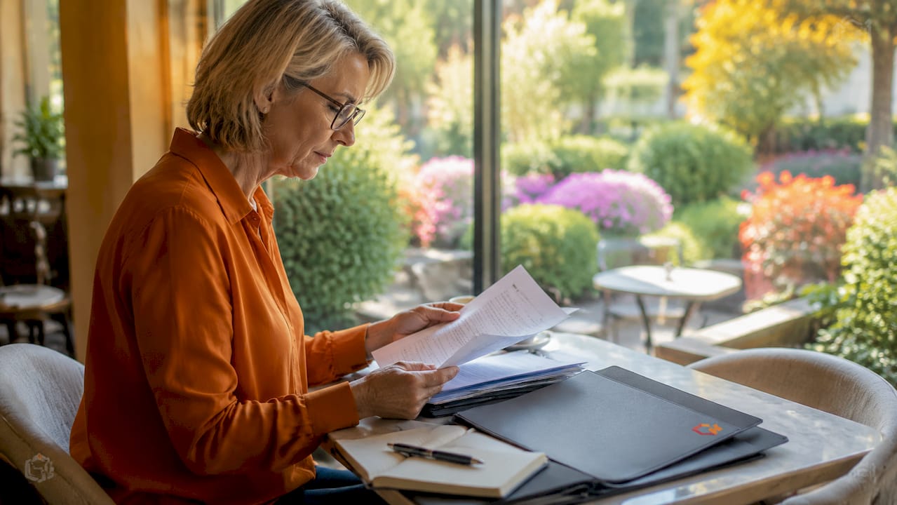 Eine Frau schaut sich ihre Unterlagen zur Pensionskasse genau an.