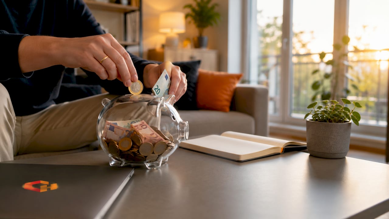Zu Hause wird Kleingeld in ein Sparschwein geworfen.