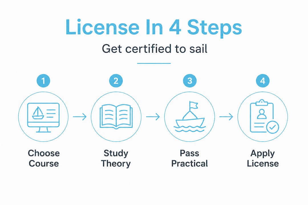 Infographic with four steps to sailing license