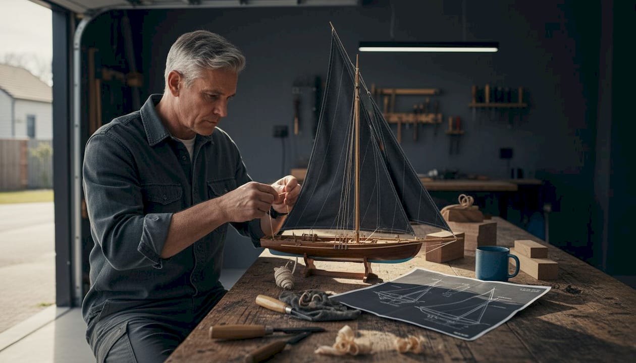 Hands rigging lateen sail model at workbench