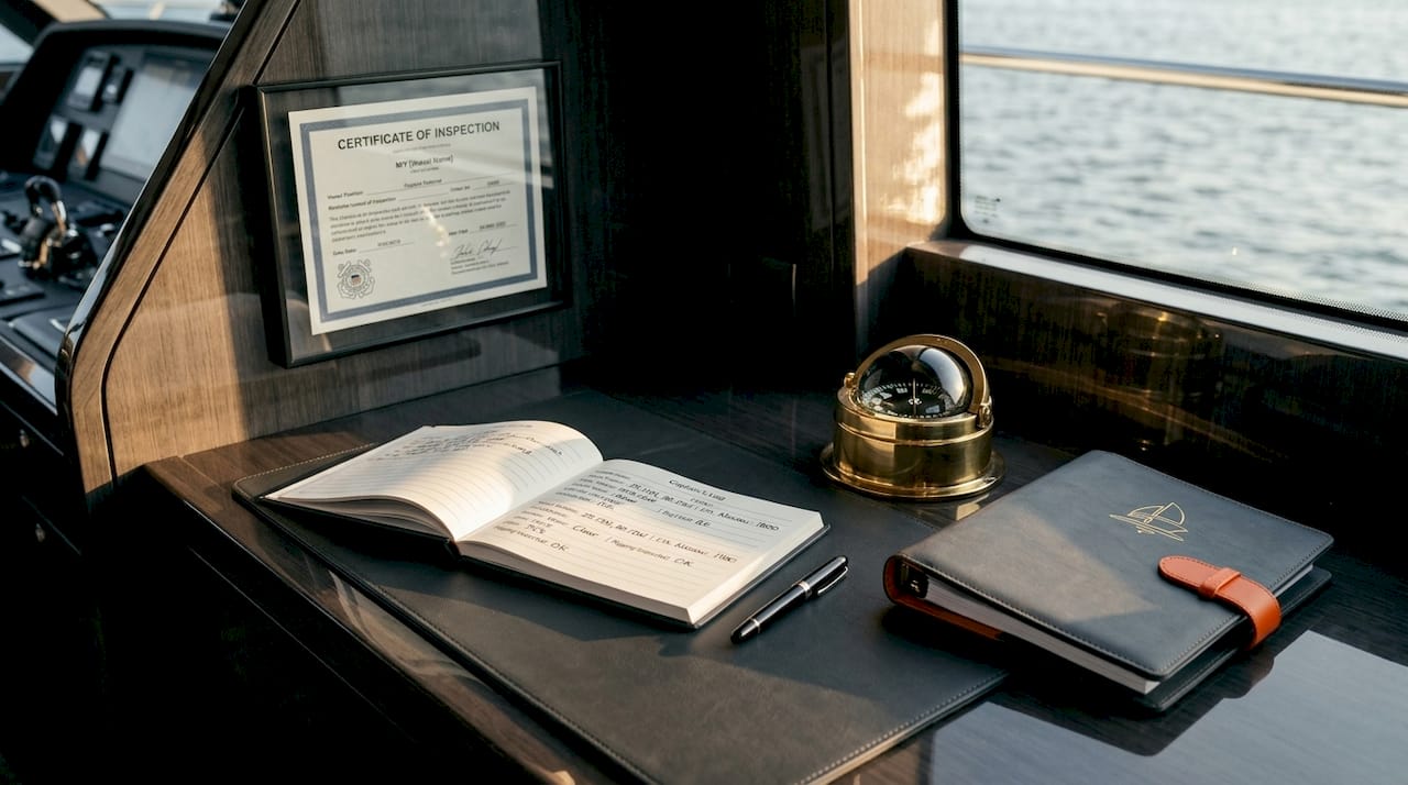 Certificate of Inspection displayed on yacht cabin desk