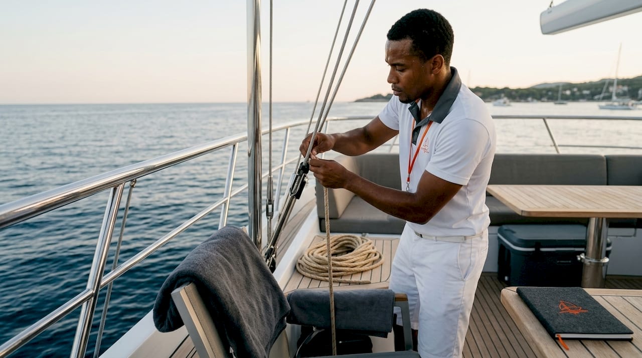 Yacht crew member preparing sailing equipment on deck