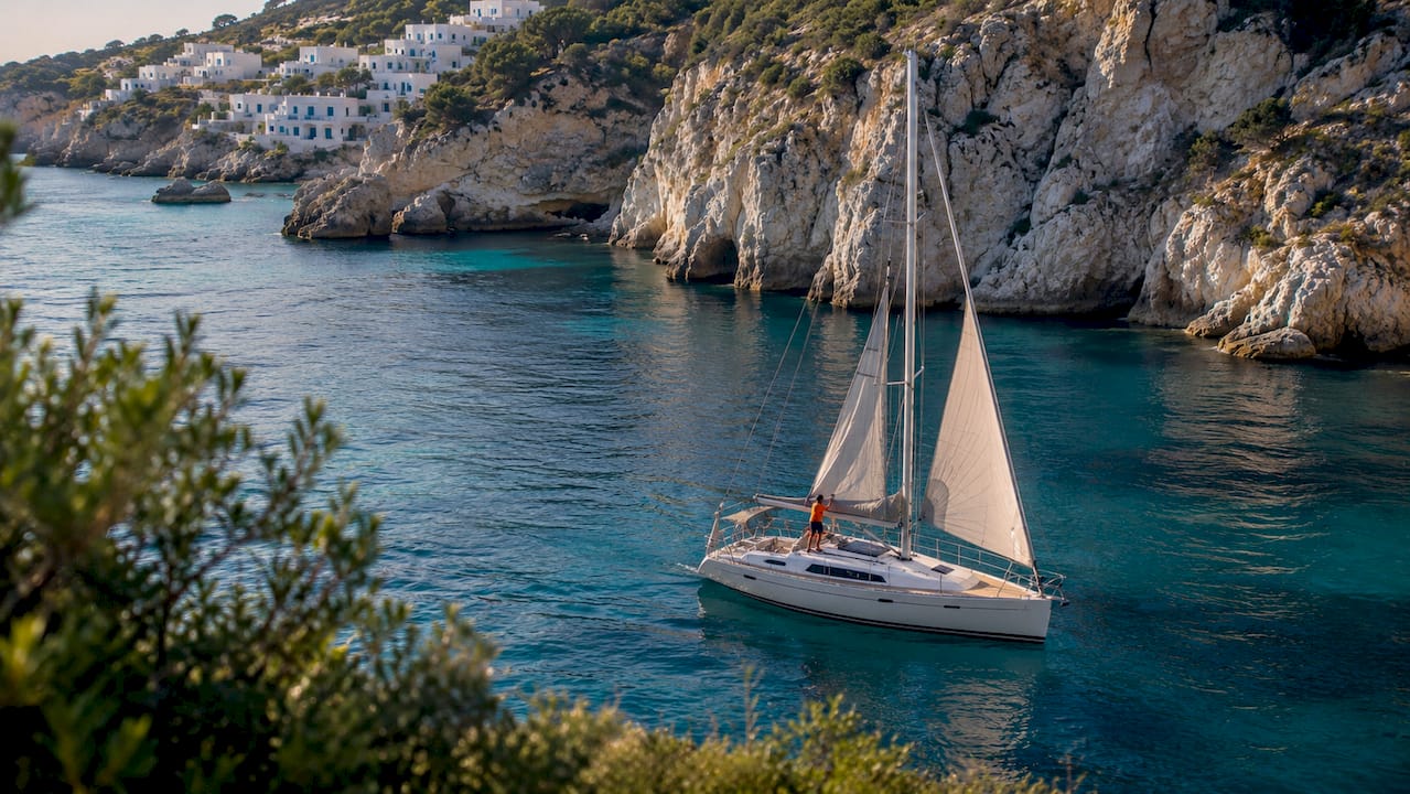 Sailboat anchored in scenic Greek Cyclades bay