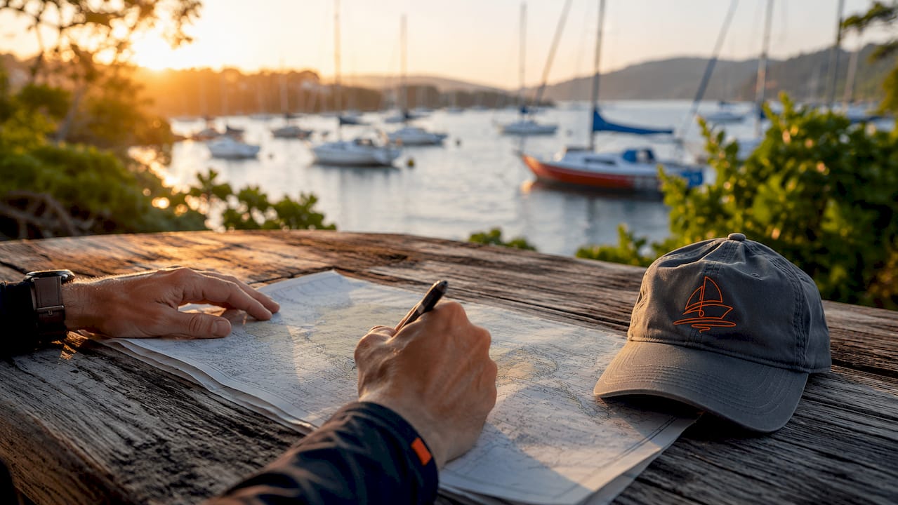 Close-up of hands marking sailing itinerary