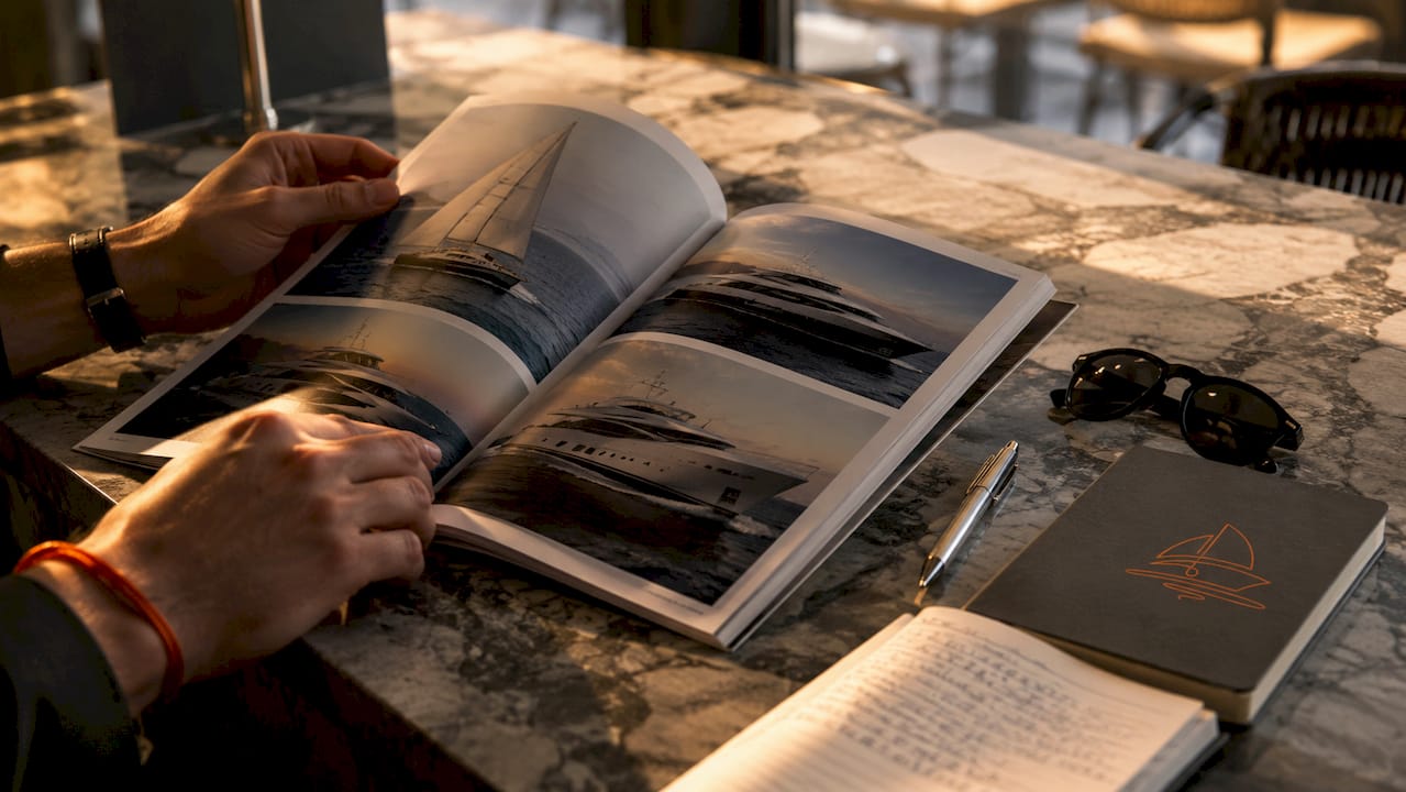 Hands browsing yacht type catalog