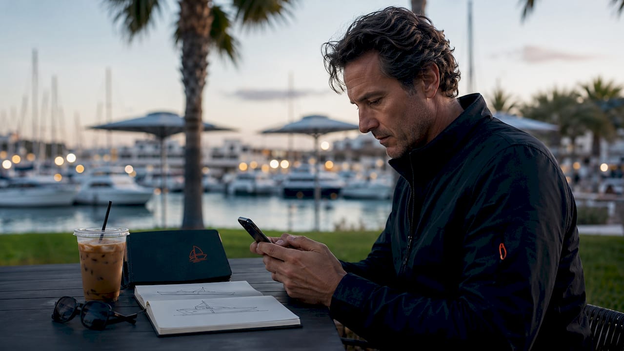 Hands typing personalized boat search on smartphone outdoors