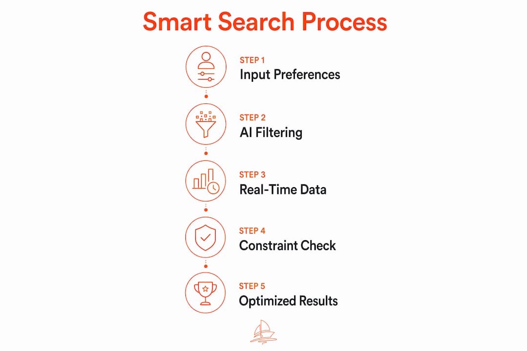 Infographic illustrating smart search process in boat rental
