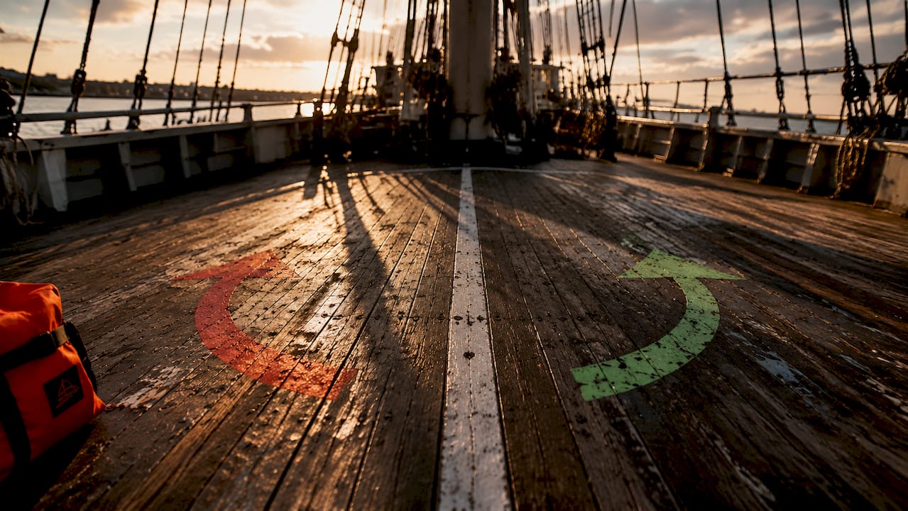 Ship deck showing port and starboard directional markings