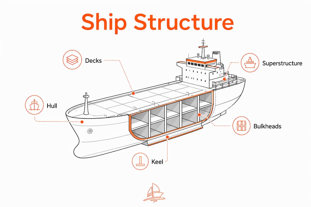 Infographic illustrating main structural components of a ship