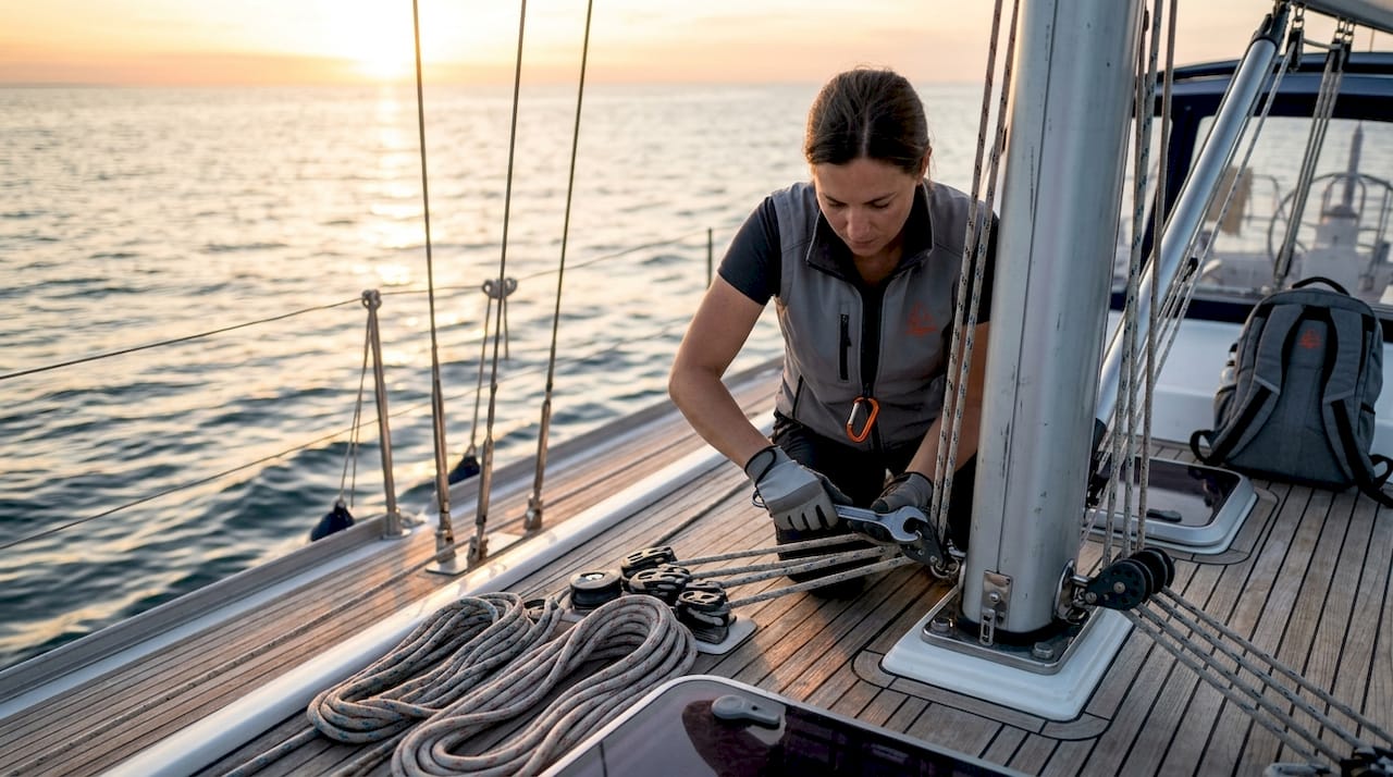 Technician tightening deck-stepped mast fittings