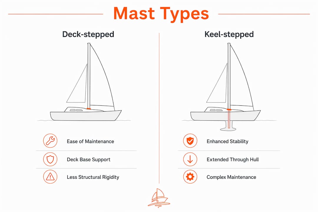 Infographic comparing deck-stepped and keel-stepped masts