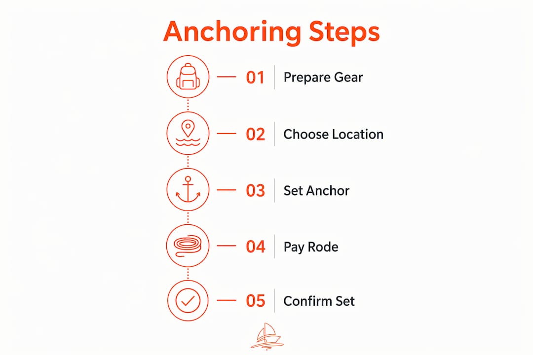 Infographic illustrating five steps of sailboat anchoring