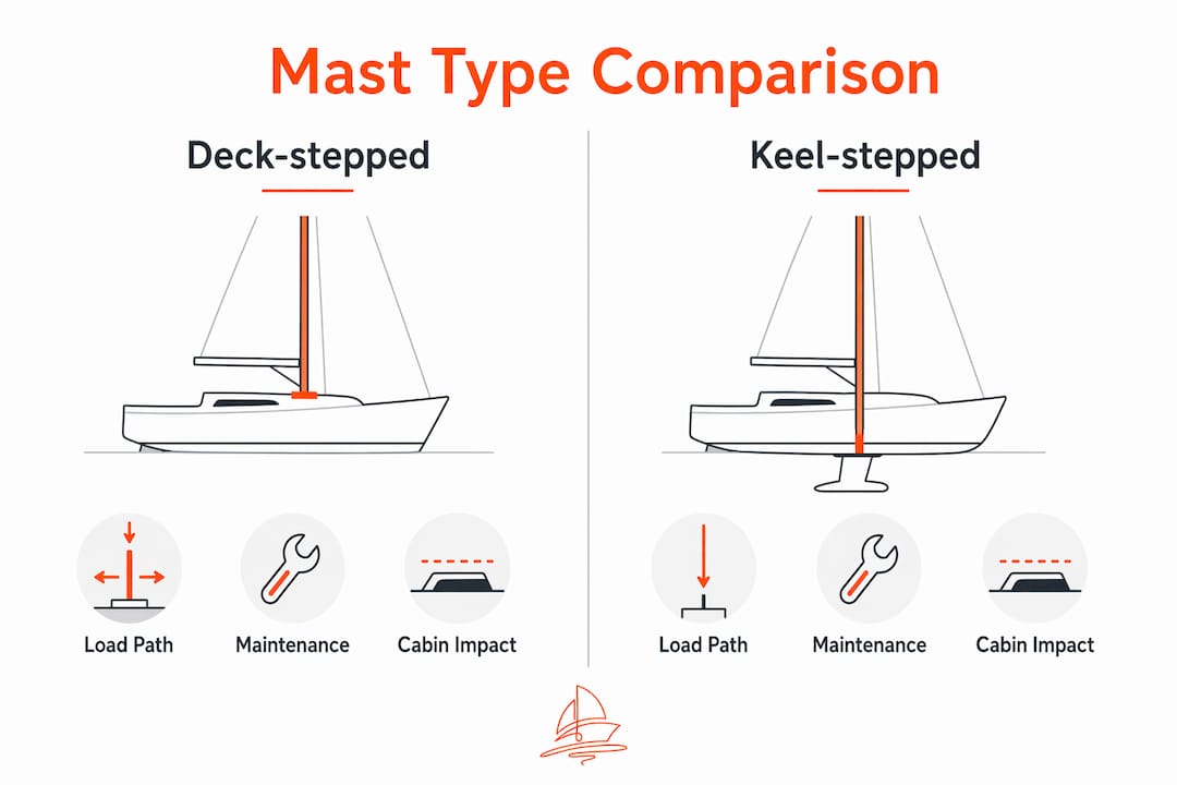 Infographic comparing deck-stepped and keel-stepped masts