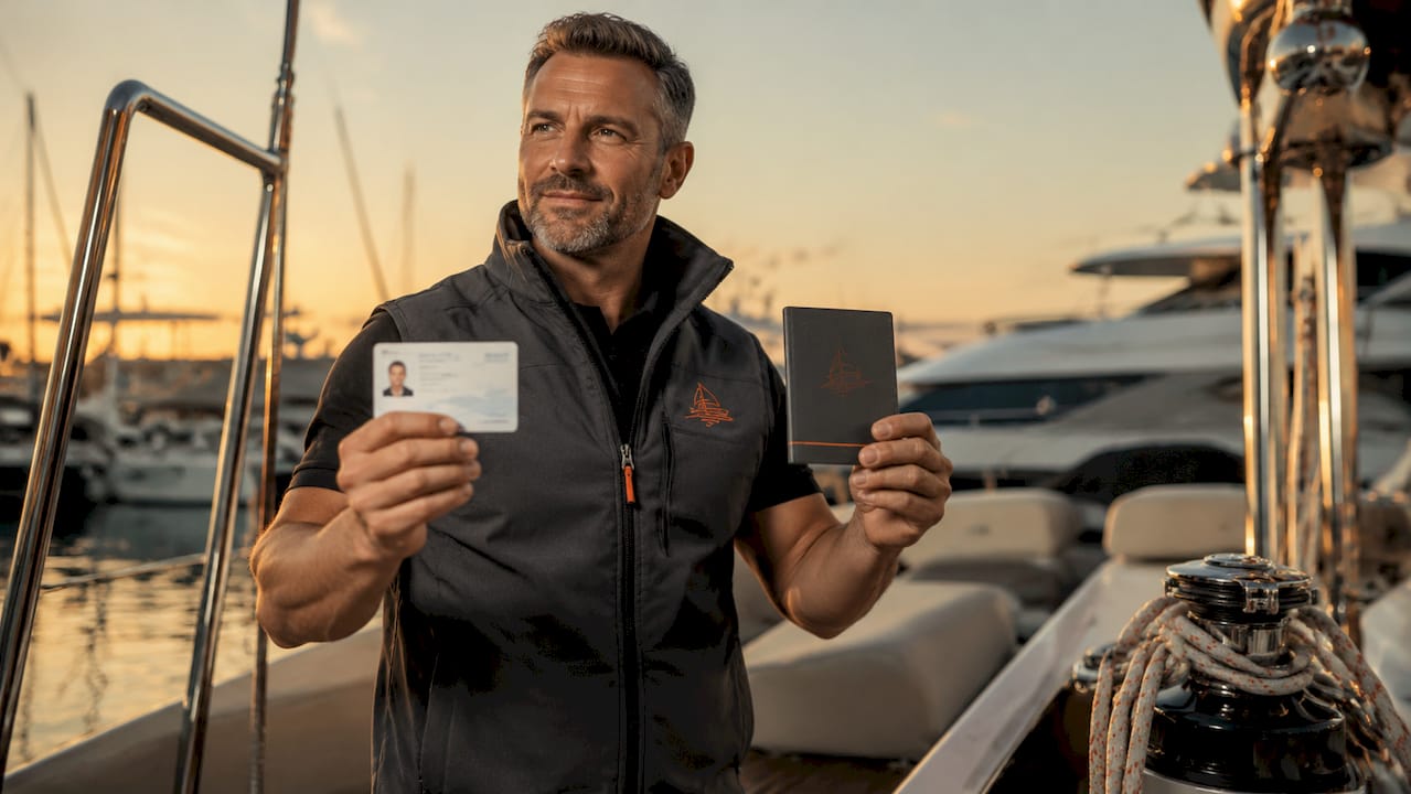 Skipper holding yacht crew qualification documents