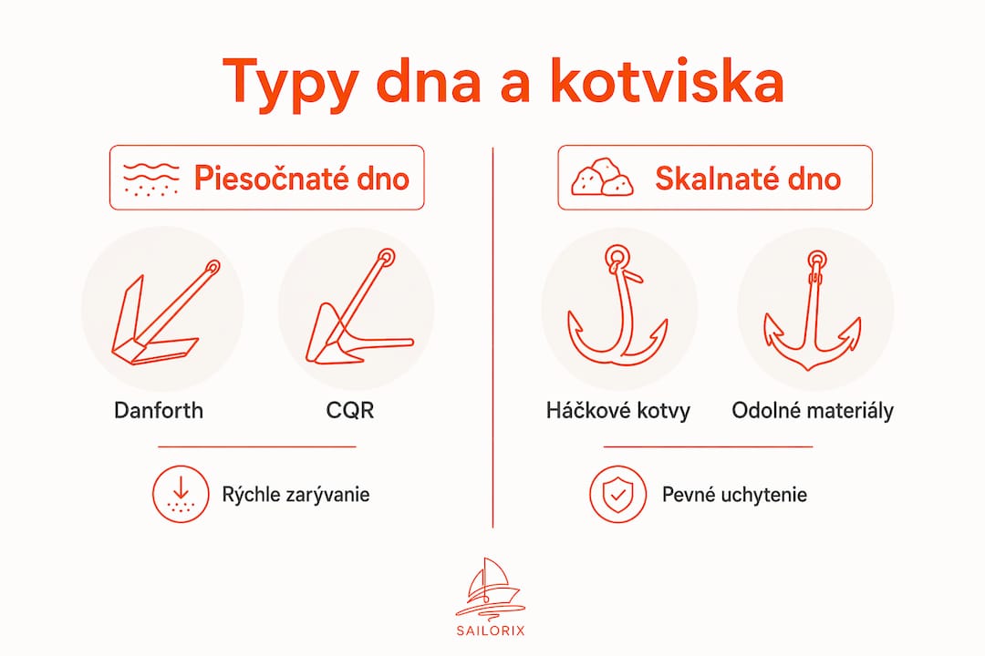 Prehľadná infografika: Ktoré kotvy sú najvhodnejšie podľa typu morského dna
