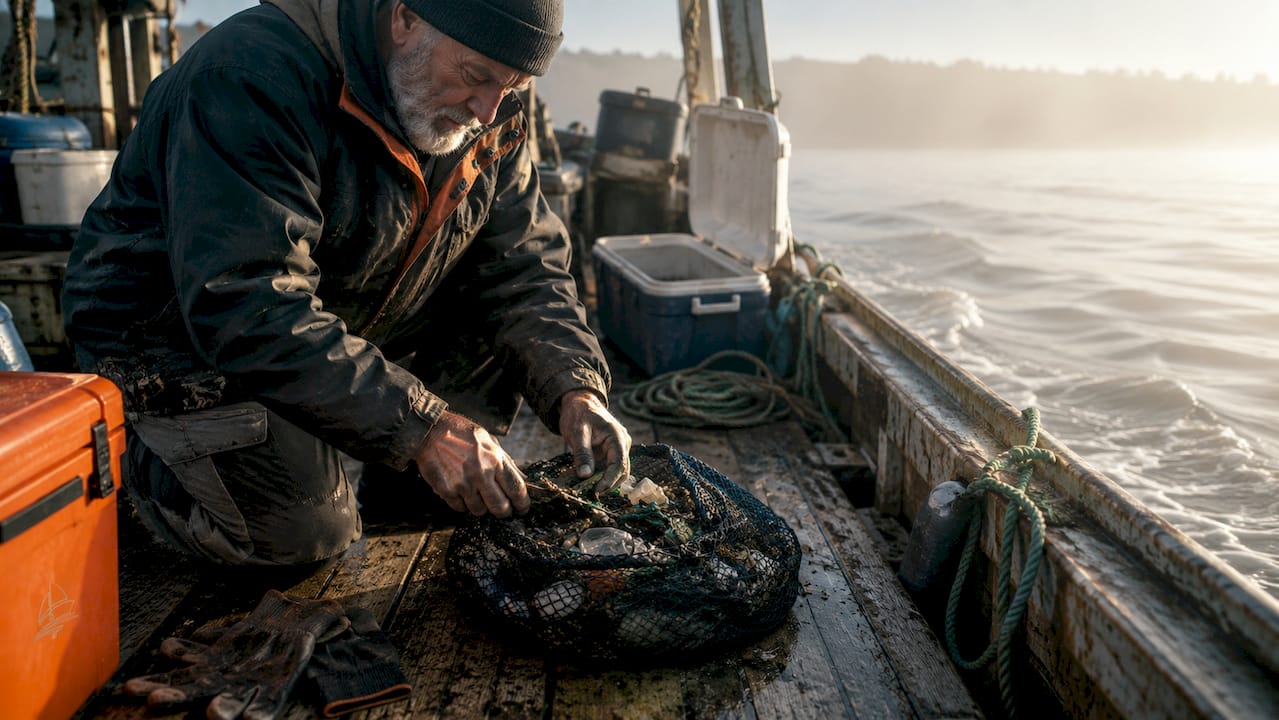 Hands packing floating debris into mesh bag on boat