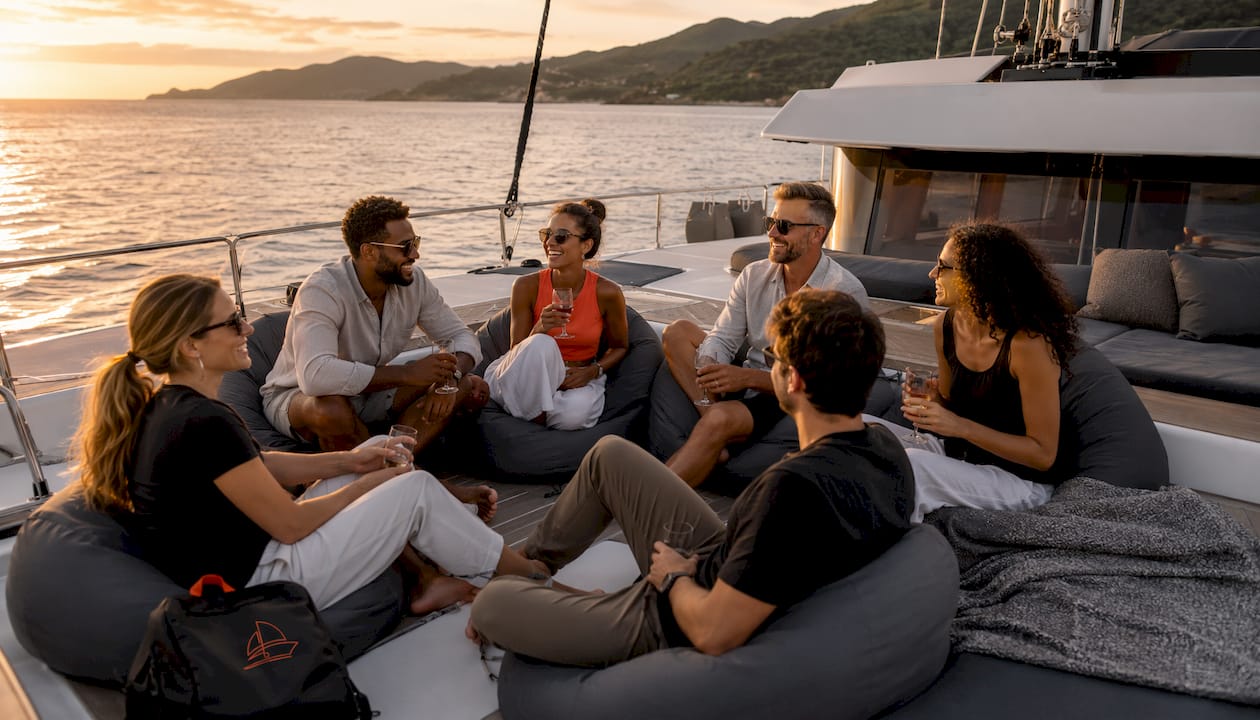 Friends relaxing on catamaran deck with gear